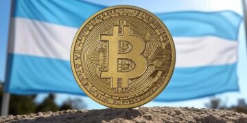 Una moneda de bitcoin delante de la bandera argentina.