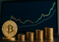 Muchas monedas físicas de bitcoin y un gráfico de capitalización en tendencia creciente.