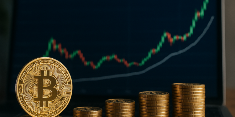 Muchas monedas físicas de bitcoin y un gráfico de capitalización en tendencia creciente.