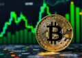 Moneda de bitcoin y gráfico de precios en el fondo.