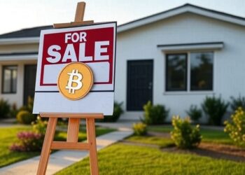 Una casa con el cartel de "for sale" y el logo de bitcoin.