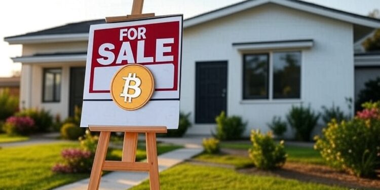 Una casa con el cartel de "for sale" y el logo de bitcoin.