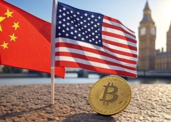 Las banderas de China y Estados Unidos junto a una moneda dorada de bitcoin.