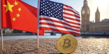 Las banderas de China y Estados Unidos junto a una moneda dorada de bitcoin.