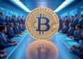 Moneda de bitcoin siendo observada por varias figuras que representan a los inversionistas.
