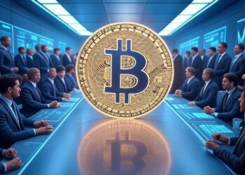 Moneda de bitcoin siendo observada por varias figuras que representan a los inversionistas.
