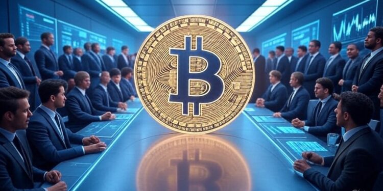 Moneda de bitcoin siendo observada por varias figuras que representan a los inversionistas.