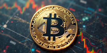 moneda de bitcoin y gráfico de fondo.