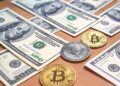 monedas de bitcoin y Ethereum sobre una mesa con dólares.
