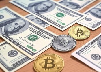 monedas de bitcoin y Ethereum sobre una mesa con dólares.
