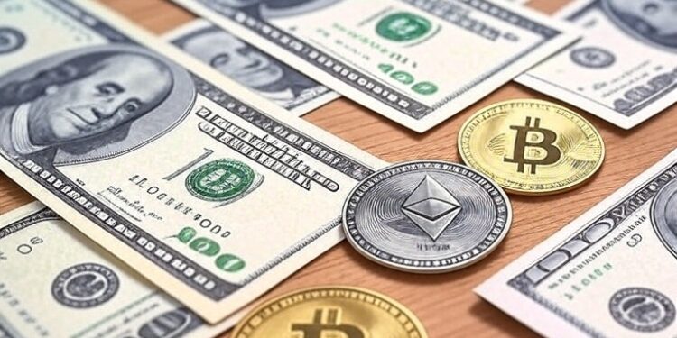 monedas de bitcoin y Ethereum sobre una mesa con dólares.