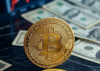Una moneda de bitcoin sobre varios billetes de dólar.