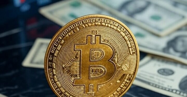 Una moneda de bitcoin sobre varios billetes de dólar.