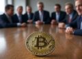 Bitcoin en una mesa rodeada por empresarios.