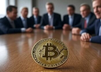 Bitcoin en una mesa rodeada por empresarios.