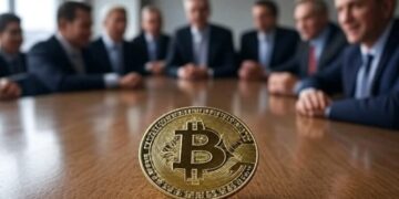 Bitcoin en una mesa rodeada por empresarios.