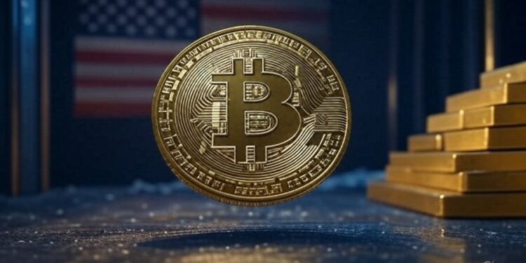 Una moneda de bitcoin con una bandera de Estados Unidos de fondo y unos lingotes de oro al lado.