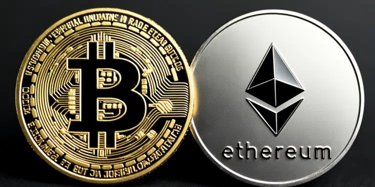 Una moneda de bitcoin y otra de Ethereum.