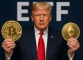 Trump sosteniendo ETF y BTC en las manos.