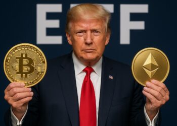 Trump sosteniendo ETF y BTC en las manos.