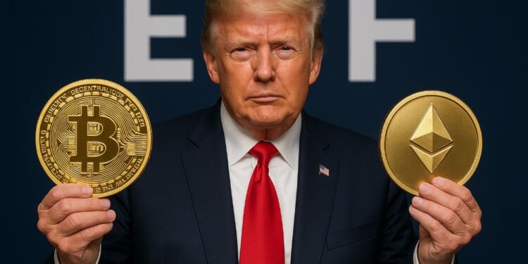 Trump sosteniendo ETF y BTC en las manos.