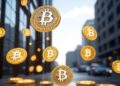 Varios bitcoins flotando en la calle.