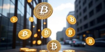 Varios bitcoins flotando en la calle.