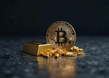 una moneda de bitcoin acompañada de oro.