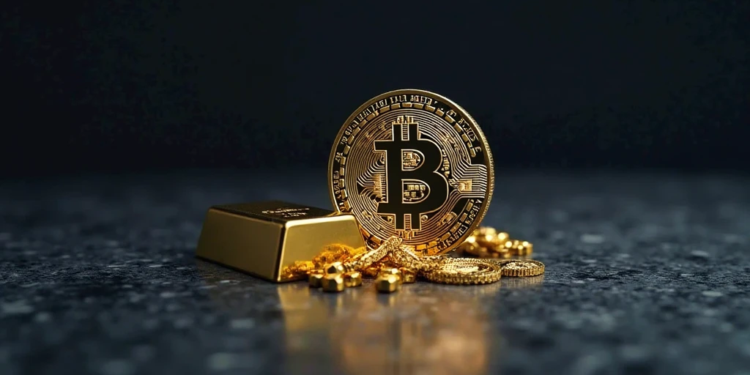 una moneda de bitcoin acompañada de oro.