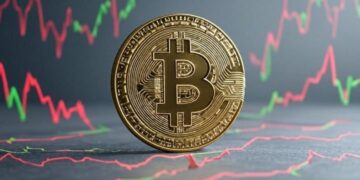 Bitcoin con gráficas en rojo y verde en el fondo.