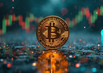 moneda de bitcoin con gráfico de precios de fondo.