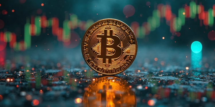 moneda de bitcoin con gráfico de precios de fondo.