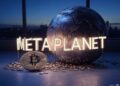 un planeta rodeado de la palabra metaplanet y unos bitcoin acompañando.