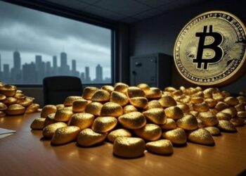 Bitcoin y oro en una oficina.
