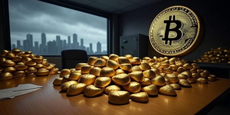 Bitcoin y oro en una oficina.