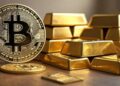 Bitcoin al lado de varios lingotes de oro.