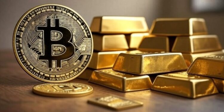 Bitcoin al lado de varios lingotes de oro.