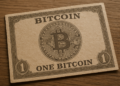 Un papel que representa un bitcoin.