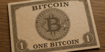 Un papel que representa un bitcoin.