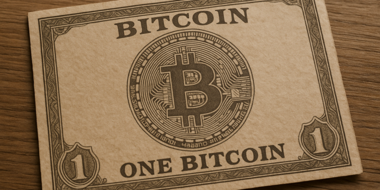 Un papel que representa un bitcoin.