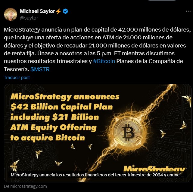 Publication in X of Michael Saylor, CEO of Strategy, announcing Plan 21/21.