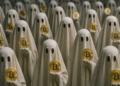 Fantasmas con monedas físicas de bitcoin en sus manos.