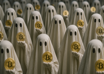 Fantasmas con monedas físicas de bitcoin en sus manos.