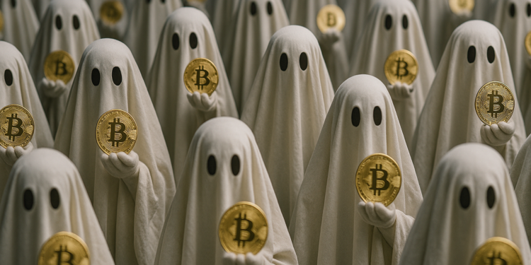 Fantasmas con monedas físicas de bitcoin en sus manos.