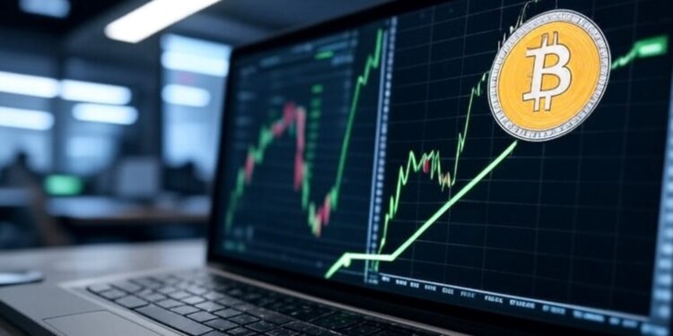 Una laptop mostrando una gráfica alcista de bitcoin.