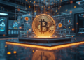 moneda de bitcoin con un fondo futurista.