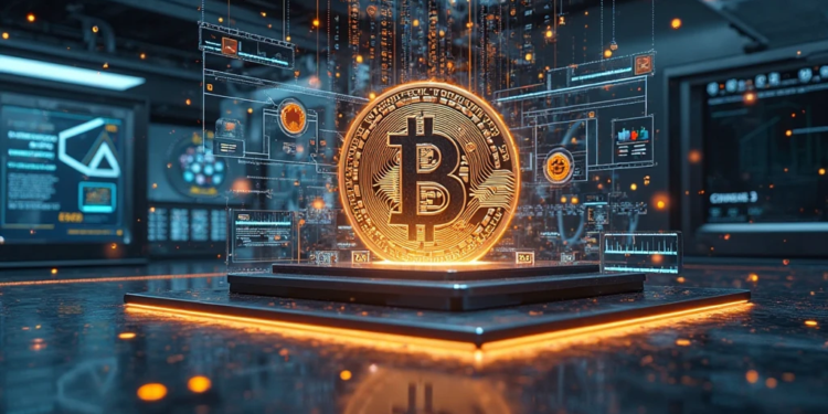 moneda de bitcoin con un fondo futurista.