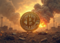 Una moneda de bitcoin en medio de un mundo en llamas y caótico.