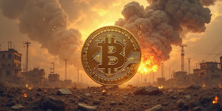 Una moneda de bitcoin en medio de un mundo en llamas y caótico.