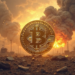 Una moneda de bitcoin en medio de un mundo en llamas y caótico.